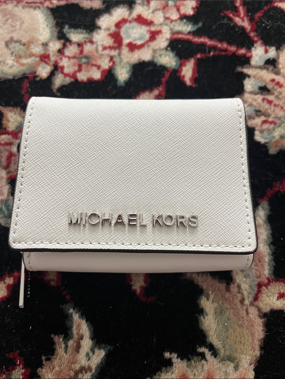 Michael Kors White Saffiano Compact Trifold Wallet with Silver Logo